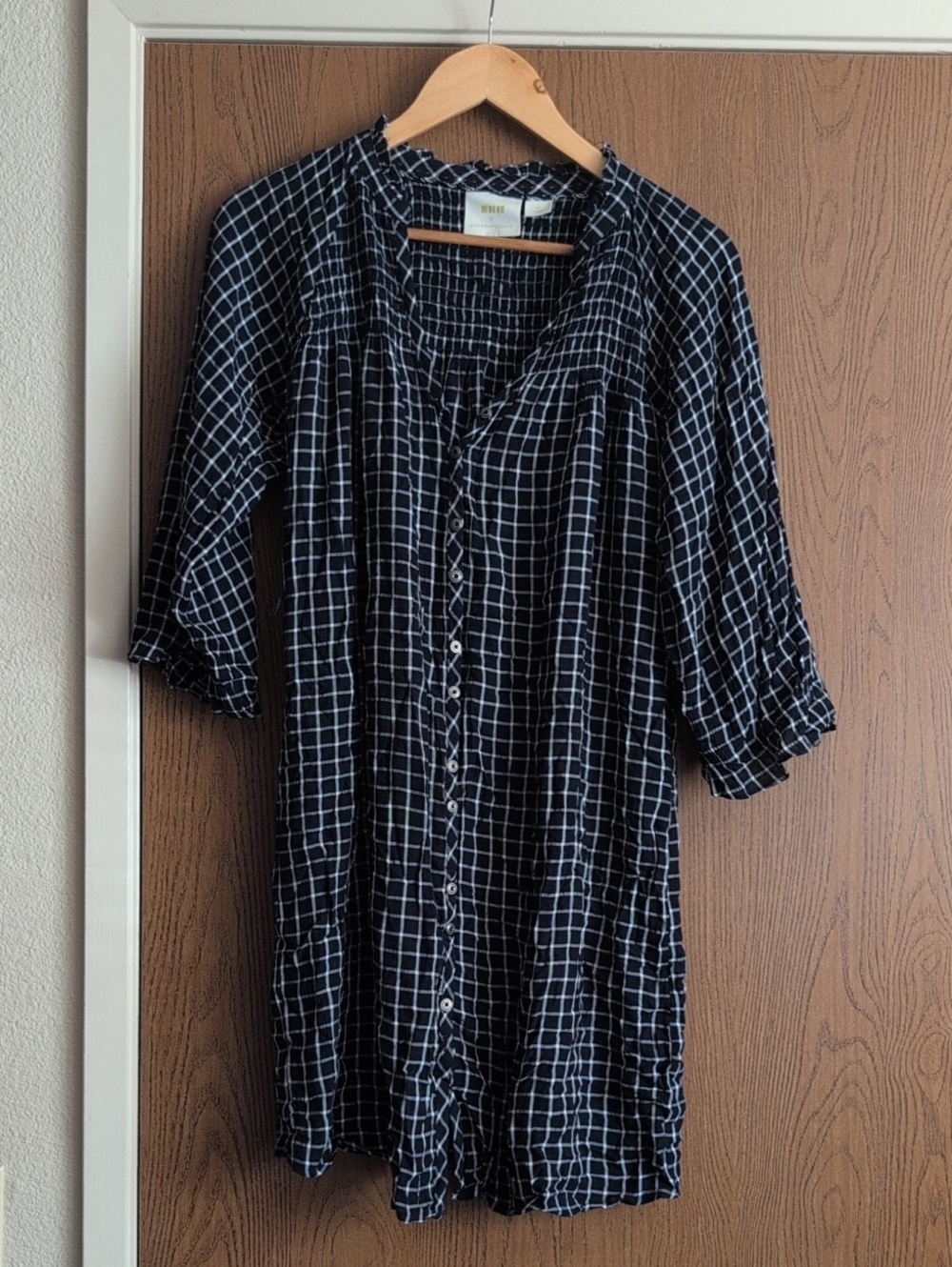 Anthropologie Black Windowpane Button-Front Long Sleeve Dress